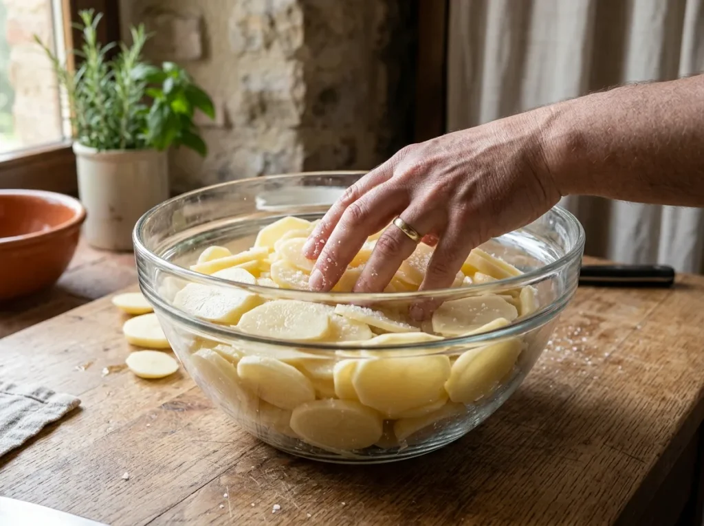Thinly sliced potatoes seasoned with salt