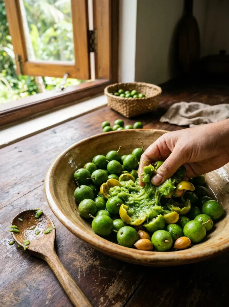 Softened Ceylon olive veralu fruits being mashed to prepare the green fruit mixture.