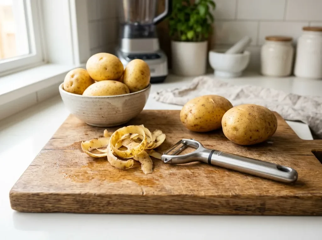 Fresh potatoes and potato skins on a wooden cutting board