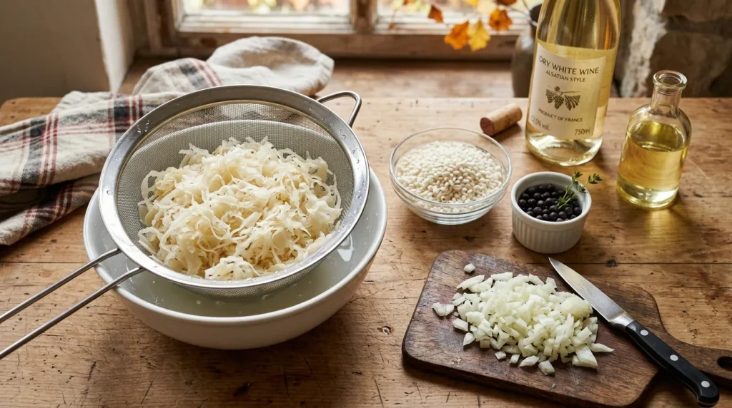 Sauerkraut prepared with onion, rice, juniper berries and white wine