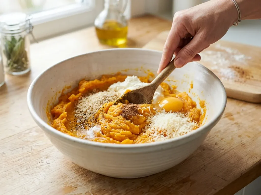 Pumpkin mixed with ricotta, egg, Parmesan, and breadcrumbs