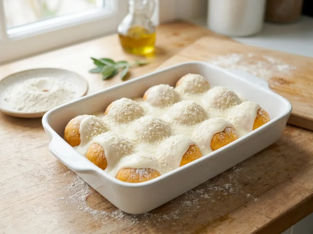 Pumpkin ricotta balls covered with béchamel sauce and Parmesan before baking