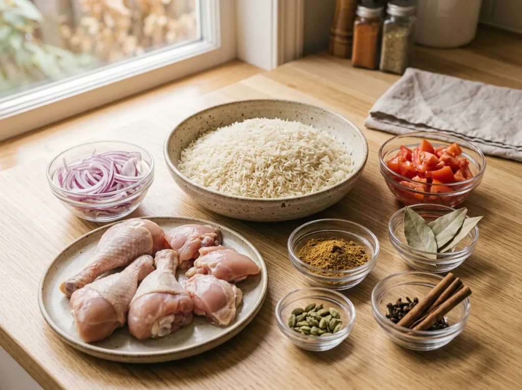 Ingredients prepared for Quick Chicken Biryani, including basmati rice, chicken, onions, tomatoes, and spices.