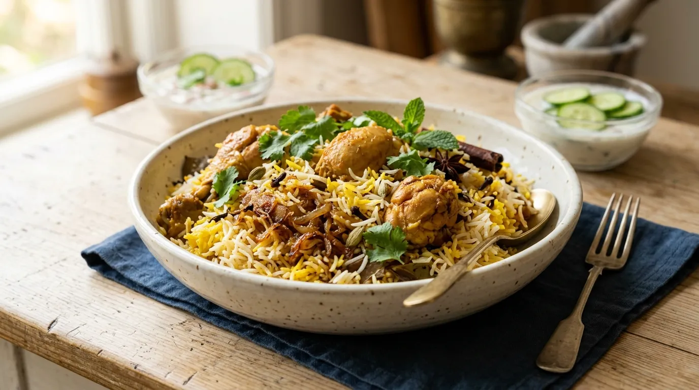 Quick Chicken Biryani with basmati rice, tender chicken, and aromatic spices.