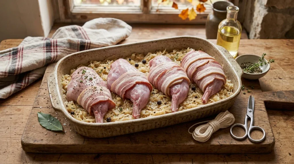 Bacon-wrapped rabbit legs arranged over wine sauerkraut before baking