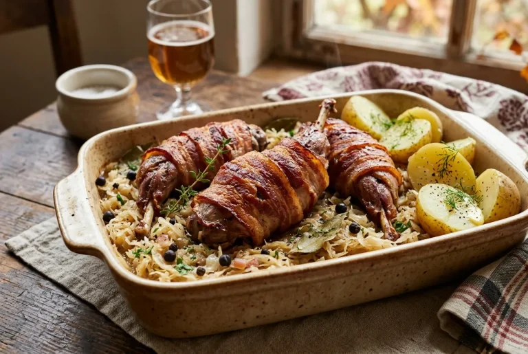 Bacon-wrapped rabbit legs baked on white wine sauerkraut