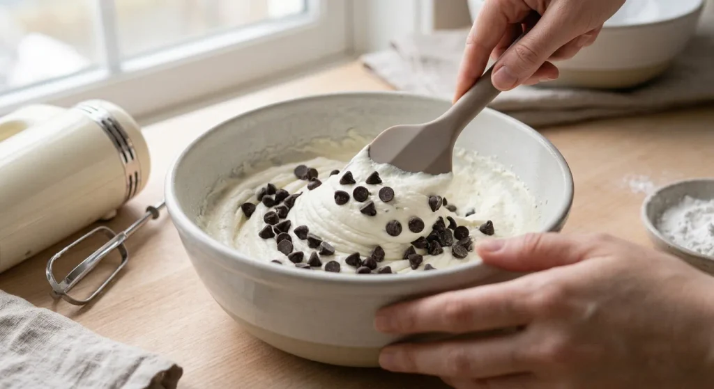 Dark chocolate chips folded into ricotta cream for ricotta millefeuille