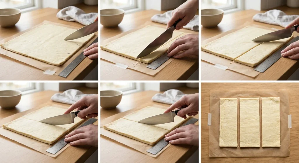 Puff pastry cut into three rectangles for ricotta millefeuille