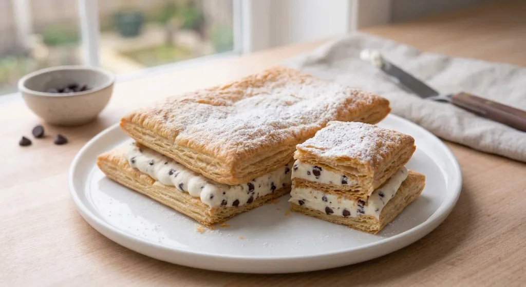 Finished ricotta millefeuille with golden puff pastry, ricotta cream, and chocolate chips