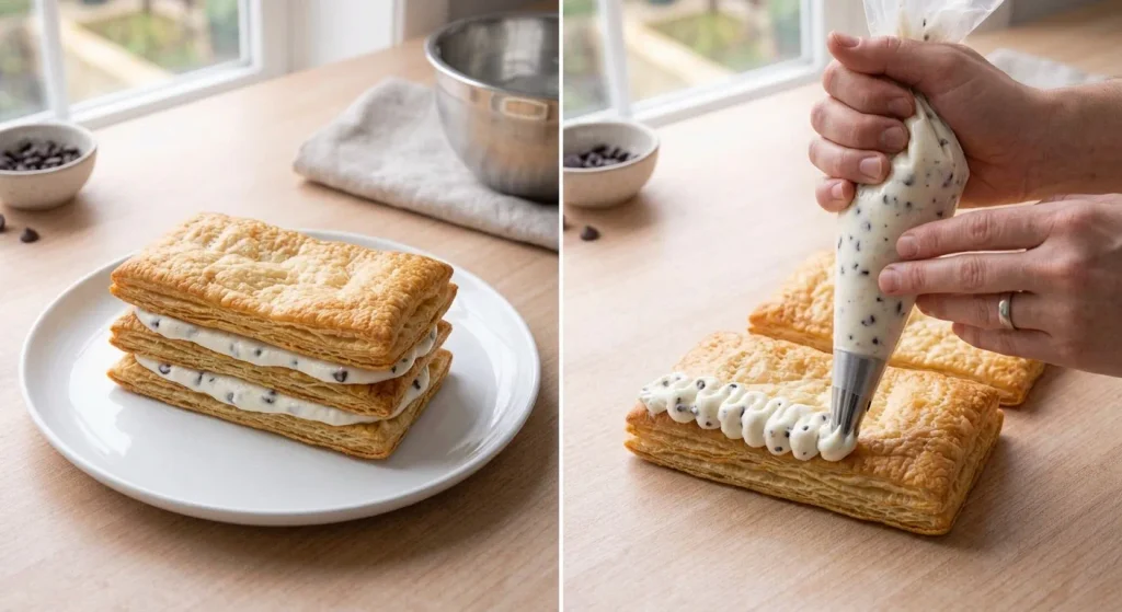 Ricotta millefeuille layered with piped ricotta cream and crisp puff pastry
