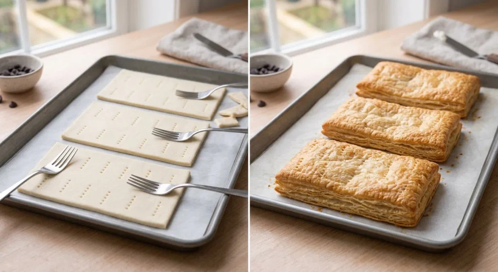 Puff pastry pricked with a fork and Golden baked puff pastry layers for ricotta millefeuille