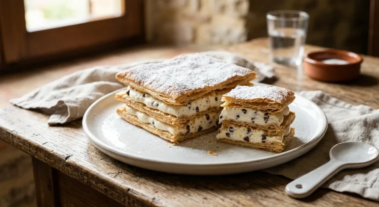 Ricotta millefeuille with creamy ricotta filling, chocolate chips, and crisp puff pastry layers