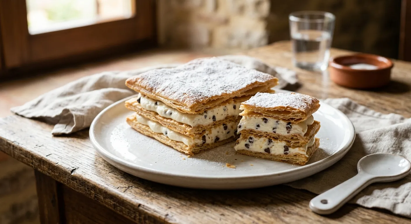 Ricotta millefeuille with creamy ricotta filling, chocolate chips, and crisp puff pastry layers