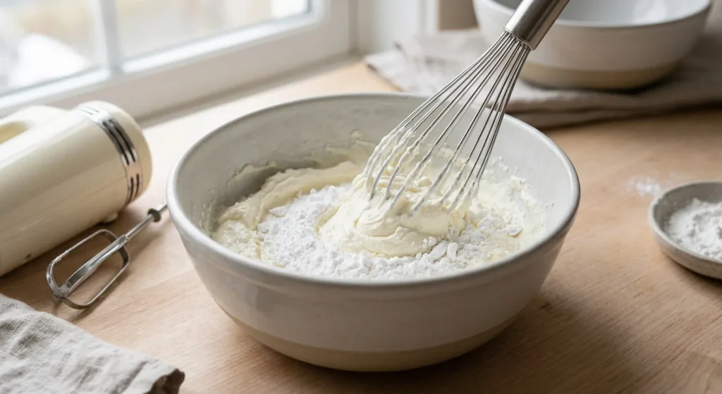 Ricotta mixed with icing sugar for ricotta millefeuille cream