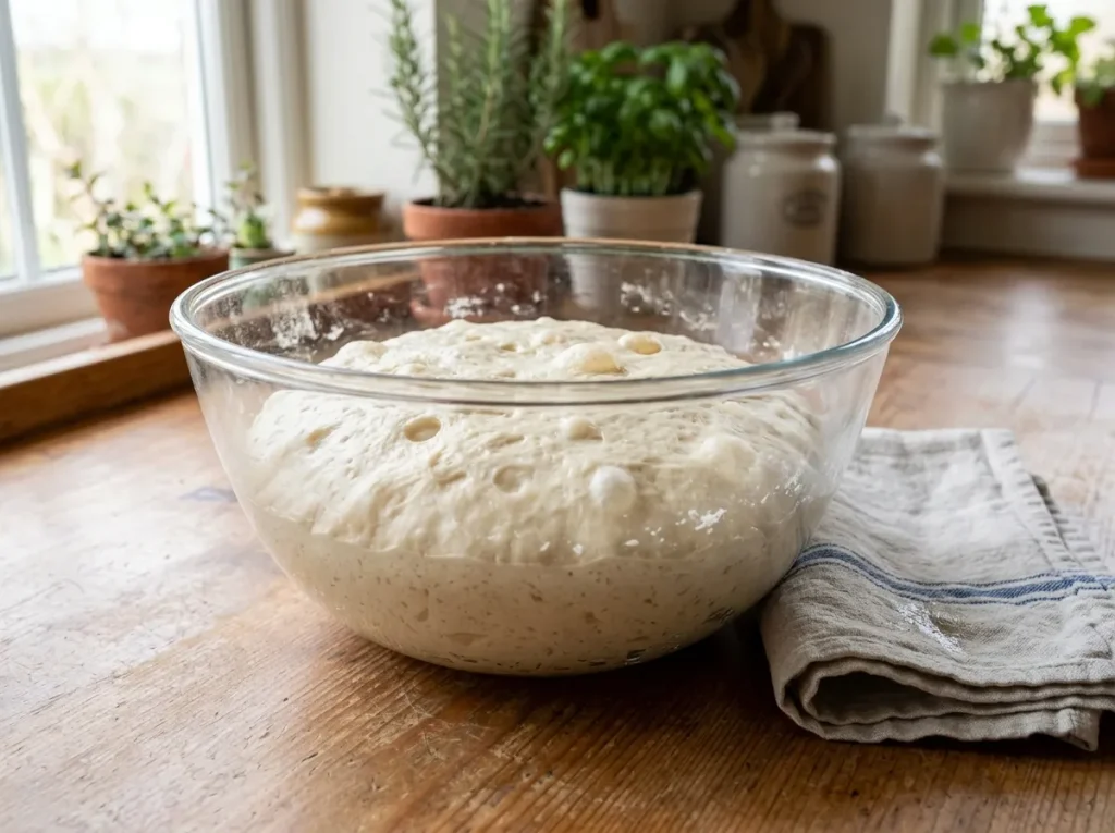 Stuffed focaccia dough doubled in size after rising
