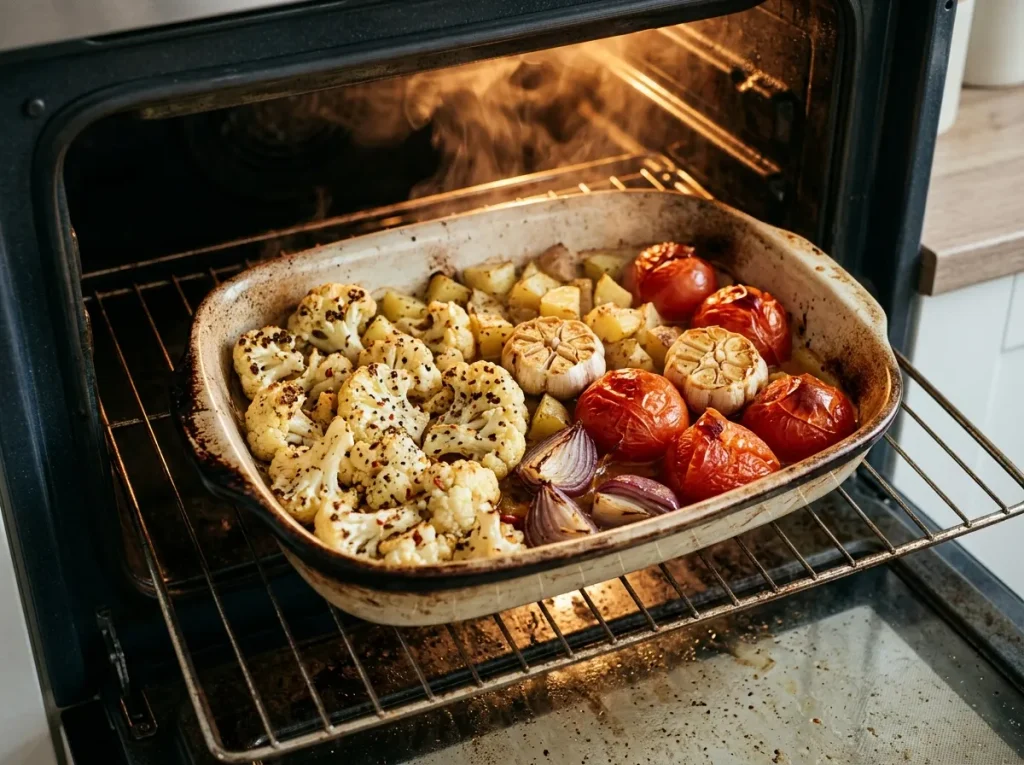 Cauliflower florets and potato cubes tossed with oil and Indian spices after roasting