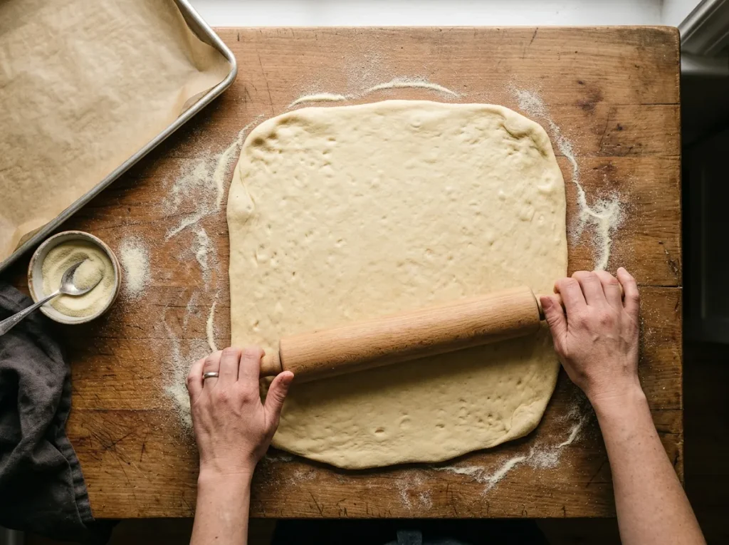 Rolling focaccia dough into a thin sheet on a kitchen worktop