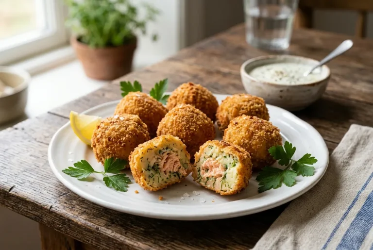 Crispy salmon and potato balls with golden breadcrumbs, fresh parsley, and lemon.