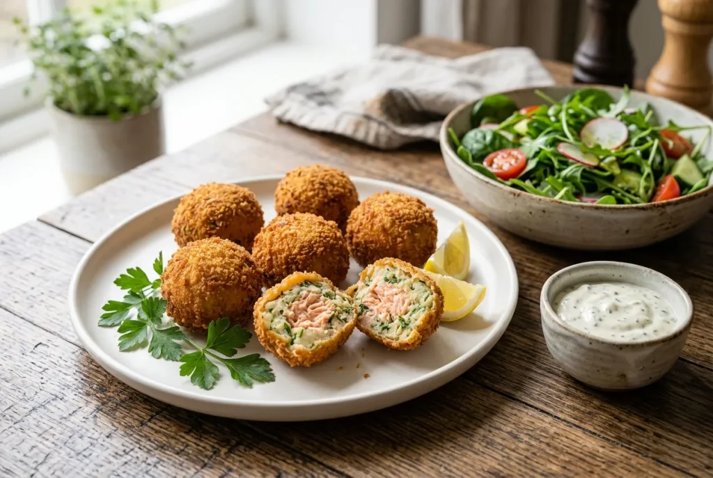 Golden crispy salmon and potato balls served with fresh parsley, lemon wedges, and dipping sauce.