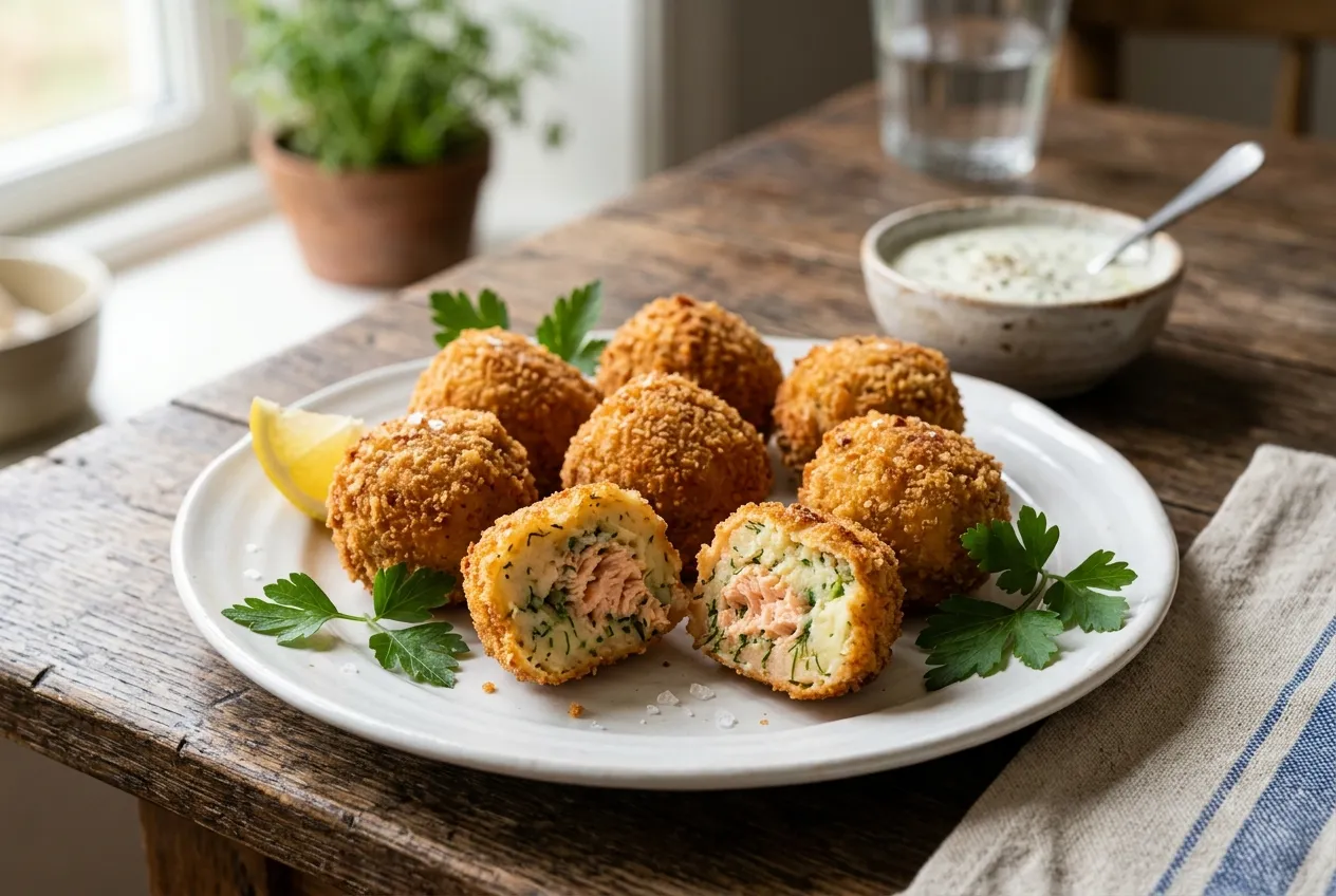 Crispy salmon and potato balls with golden breadcrumbs, fresh parsley, and lemon.