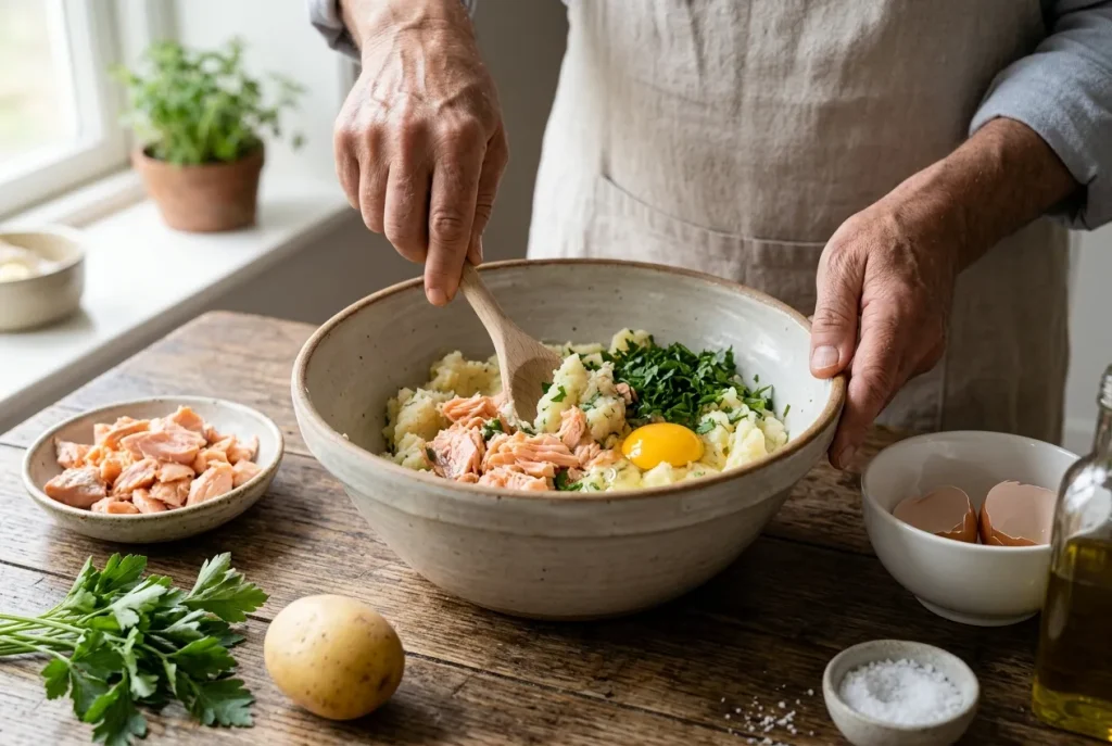 Mashed potatoes and cooked salmon mixed with parsley to prepare salmon croquettes.