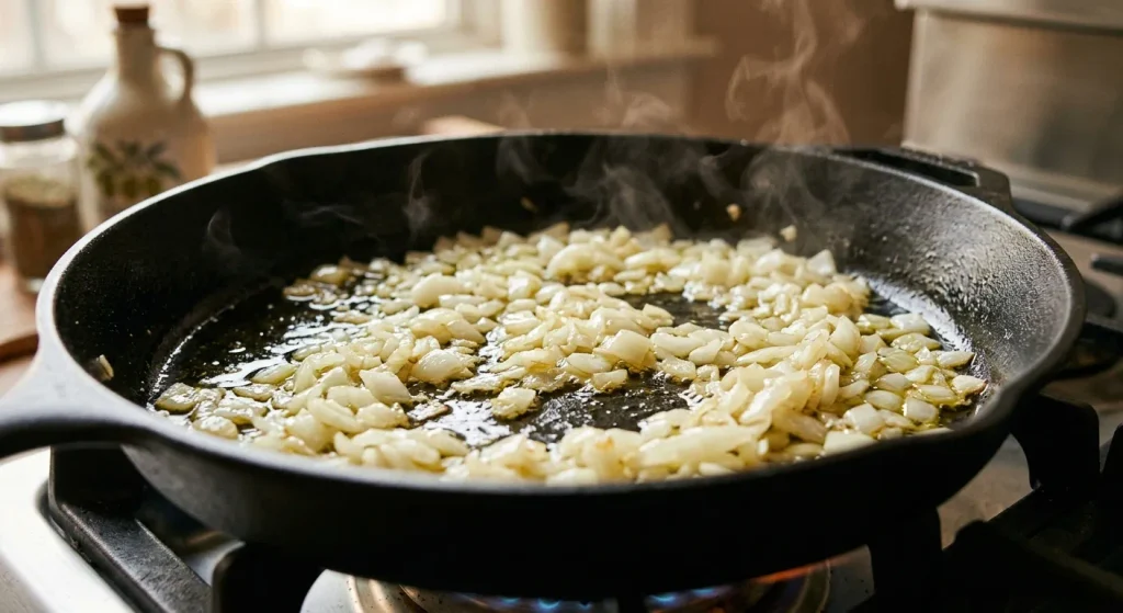 Chopped onion sautéing in olive oil for a fava bean omelette