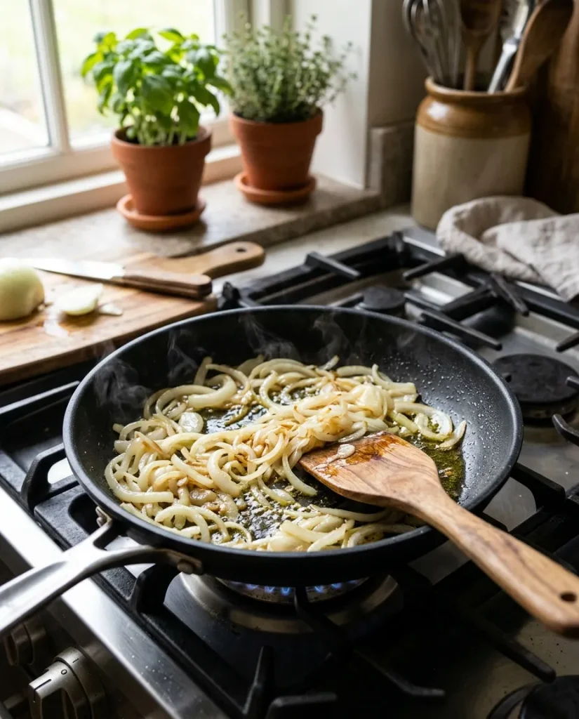 Sliced onions sautéing in olive oil in a skillet.