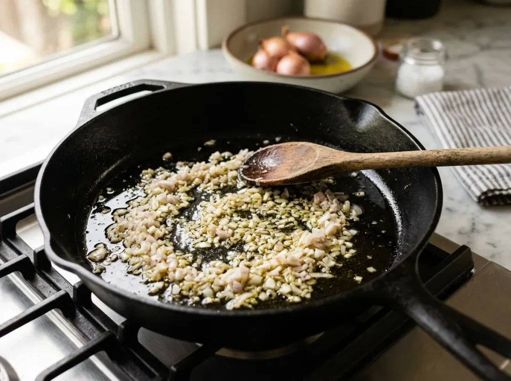 Sautéing shallots in olive oil for asparagus sausage pasta