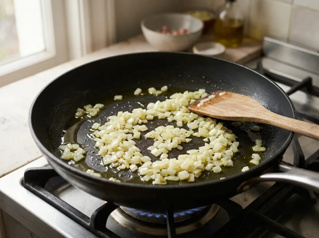 Chopped onion sautéing in olive oil for creamy tomato pasta sauce