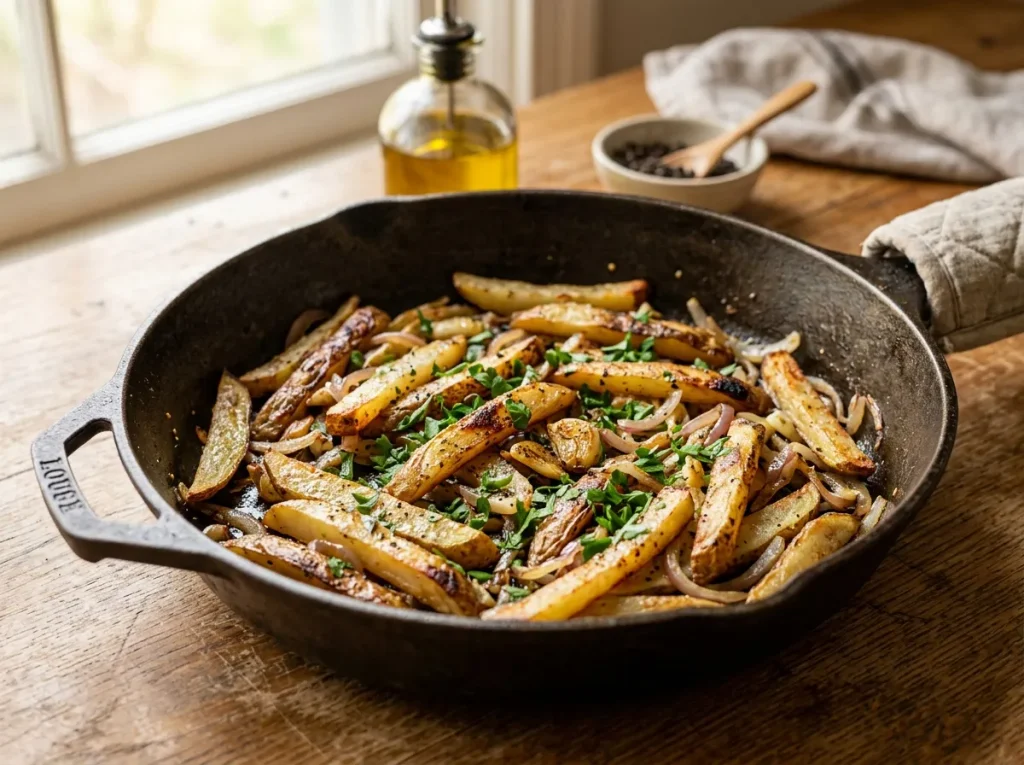 Sautéed potato skins with garlic, onions, and fresh herbs