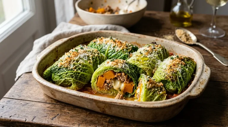 Golden Savoy cabbage rolls stuffed with pumpkin, sausage, and smoked cheese.
