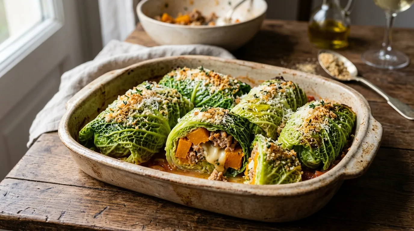 Golden Savoy cabbage rolls stuffed with pumpkin, sausage, and smoked cheese.