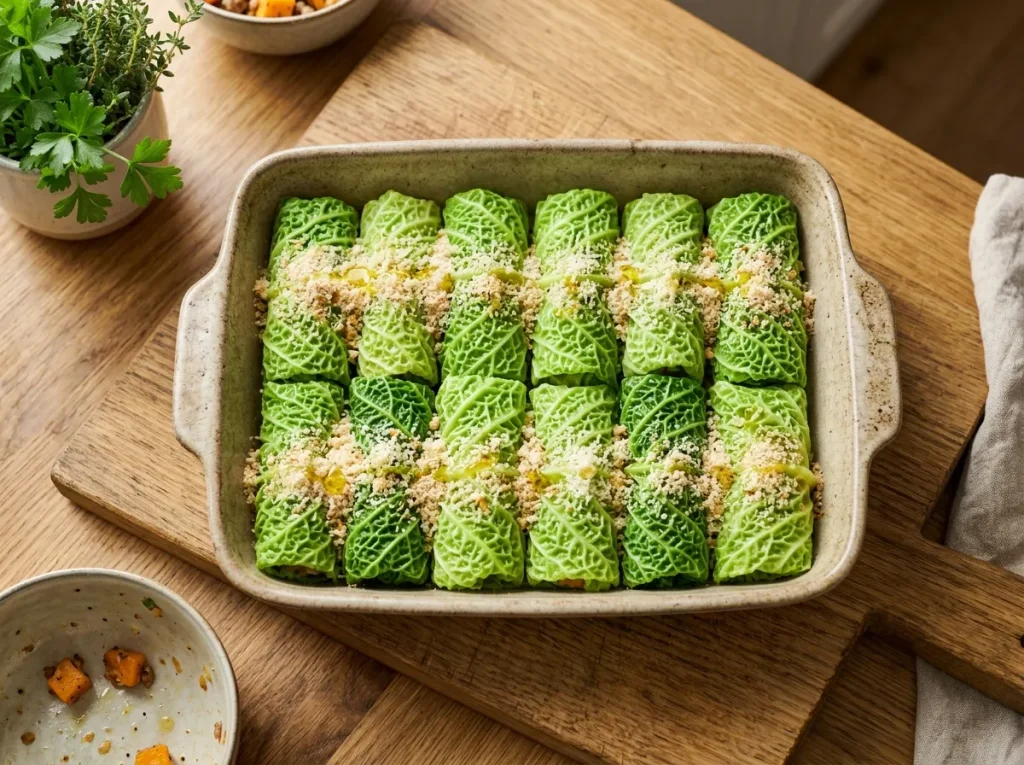 Stuffed Savoy cabbage rolls topped with breadcrumbs and grated cheese before baking