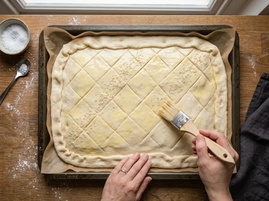 Brushing scored stuffed focaccia with egg yolk and sesame seeds