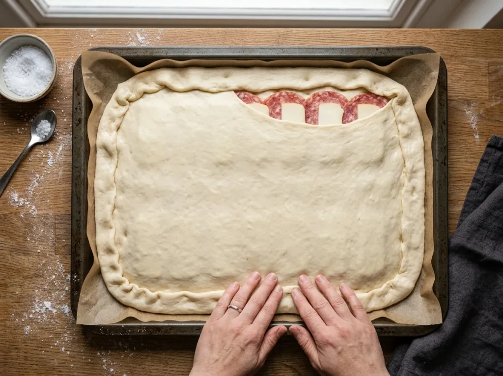 Sealing the dough around the salami and cheese focaccia filling