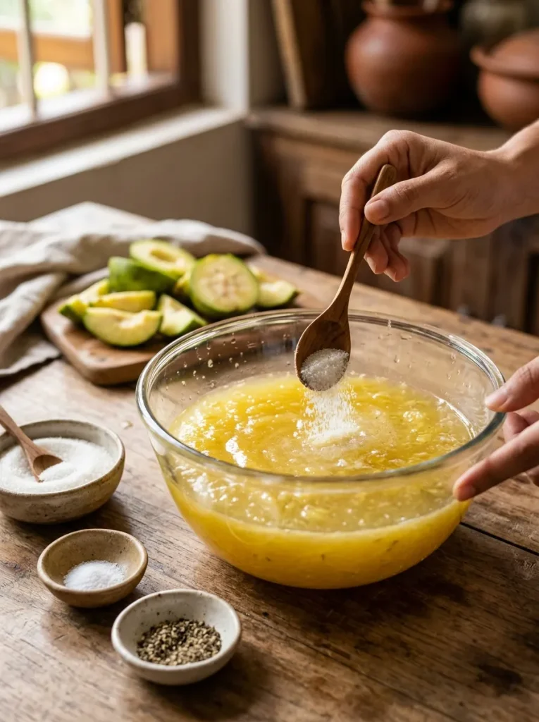Fresh ambarella juice seasoned with sugar, a pinch of salt, and ground black pepper.