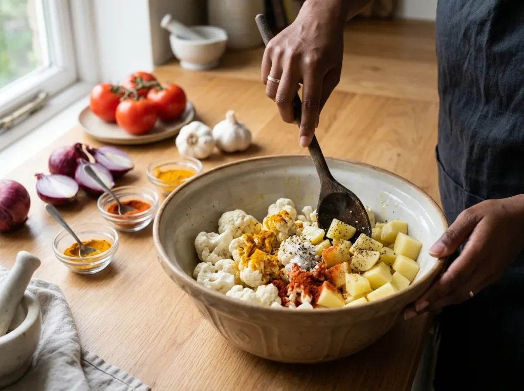 Smoky roasted cauliflower potato masala in creamy tomato cashew gravy