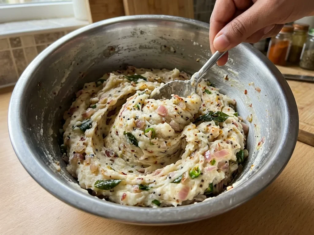Mashed cassava mixed with onions, green chilies, curry leaves, and spices