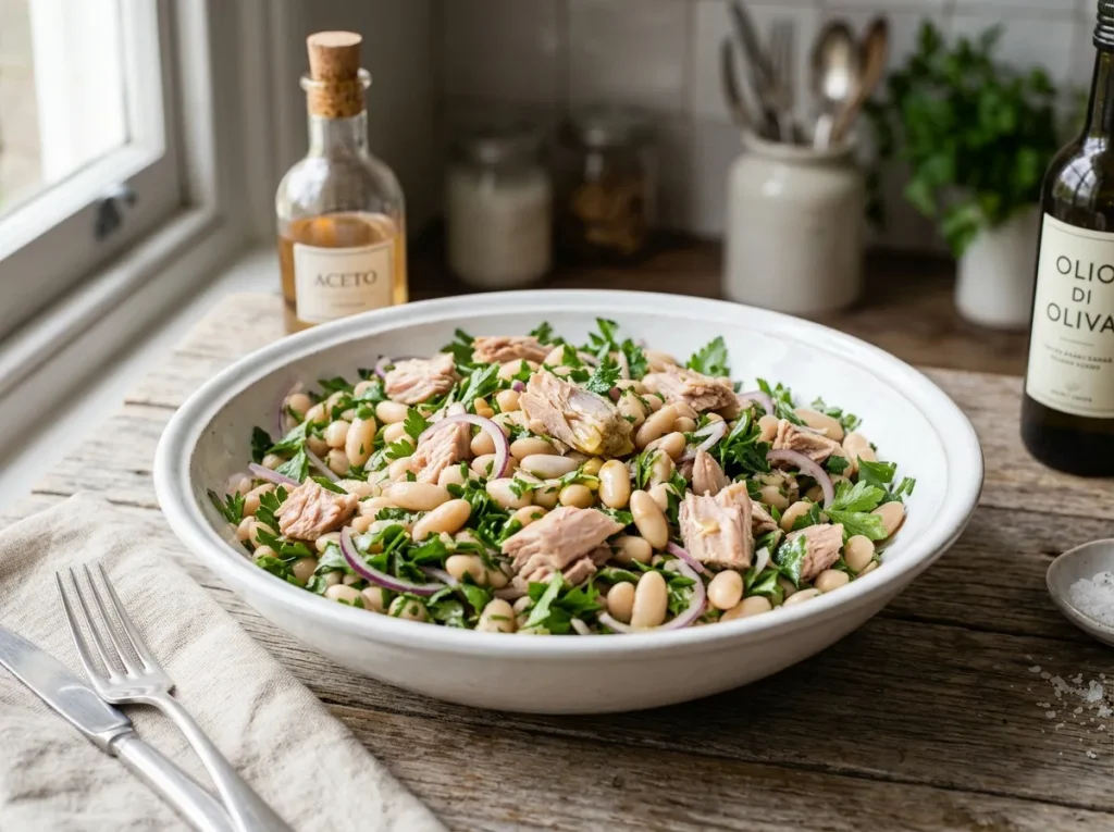 Finished bean and tuna salad with red onion and parsley