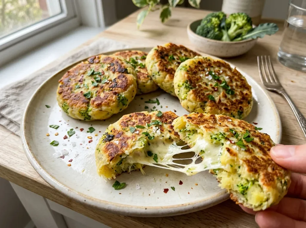 Golden broccoli and potato mini flatbreads with melted mozzarella inside