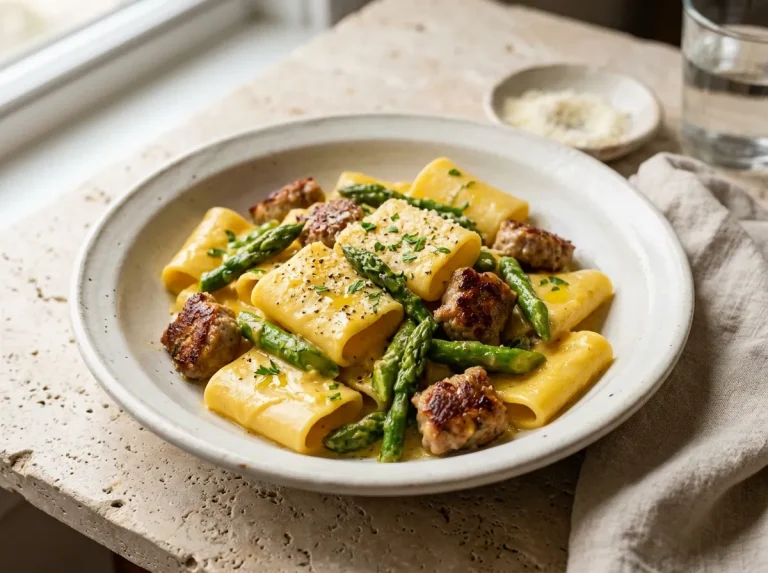 Creamy asparagus sausage pasta with Italian sausage and saffron cream sauce