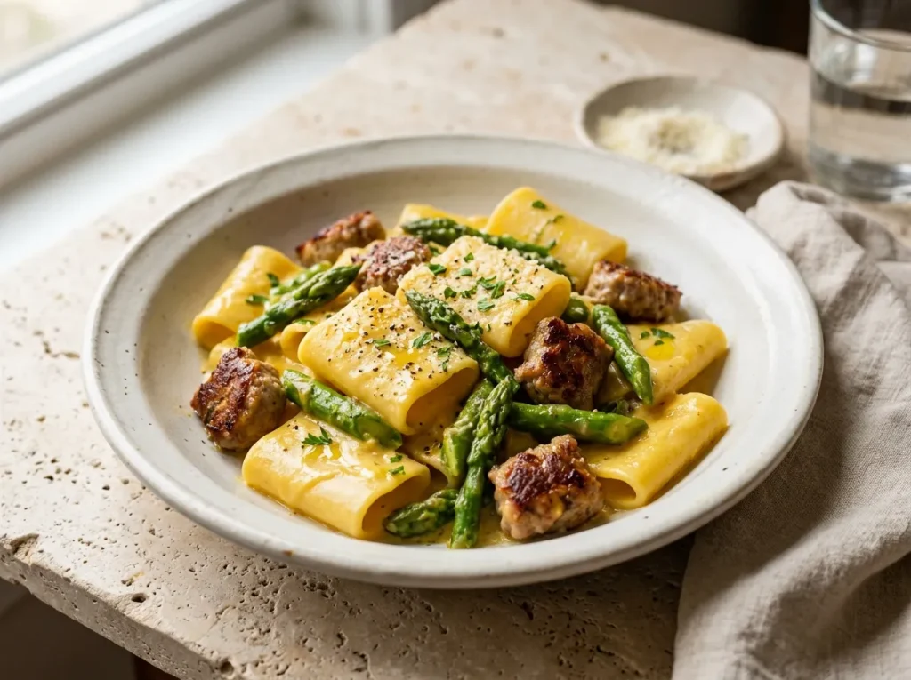 Finished asparagus sausage pasta served with creamy saffron sauce