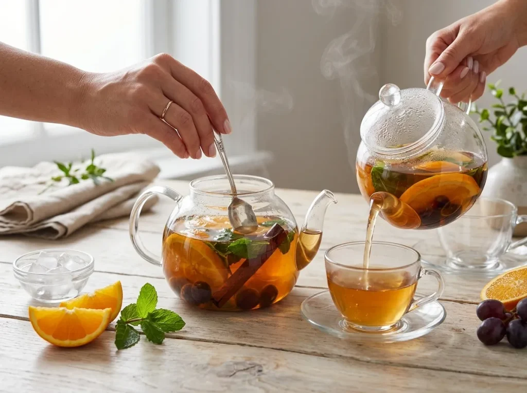 Pouring warm steeped orange grape mint tea into a clear glass cup with fresh fruit garnishes nearby.