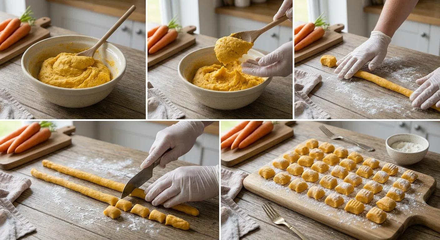 Homemade carrot gnocchi dough being shaped and cut