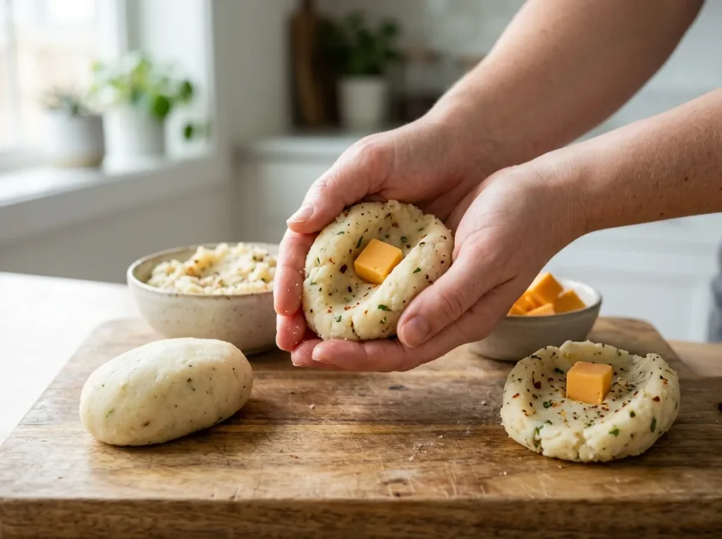 Shaping seasoned cassava around a cheddar cheese cube