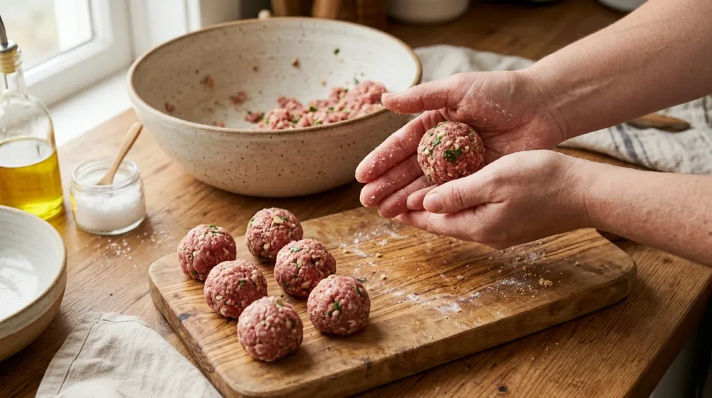 Homemade Italian meatballs being shaped by hand
