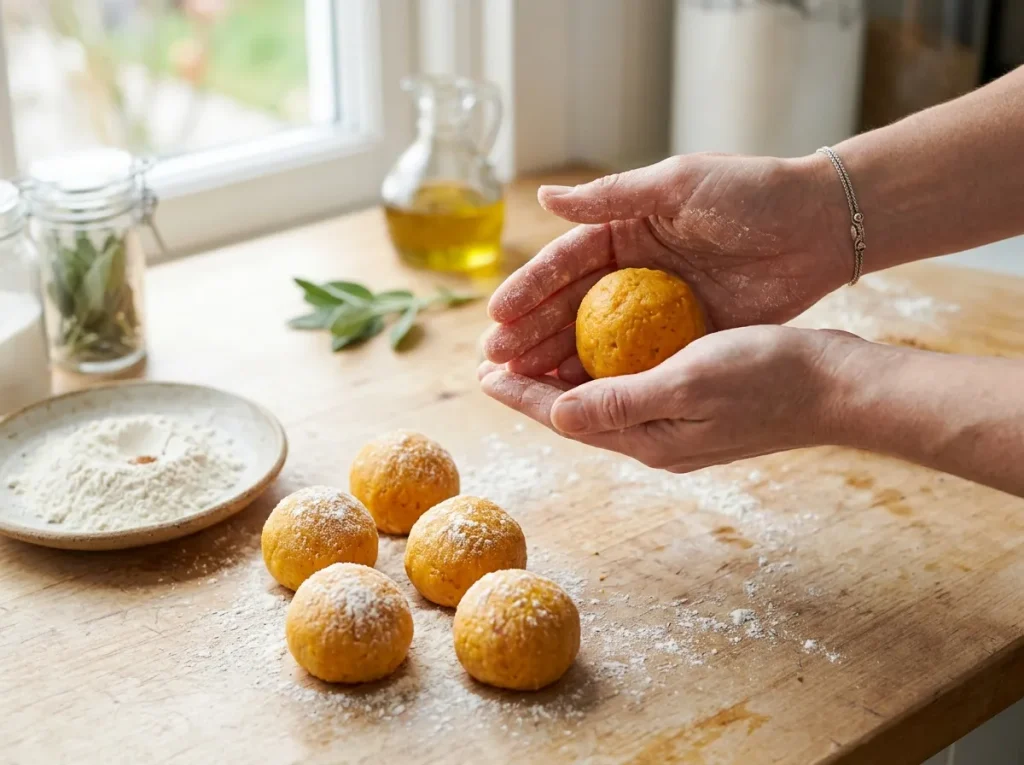 Pumpkin ricotta mixture shaped into round balls and coated with flour