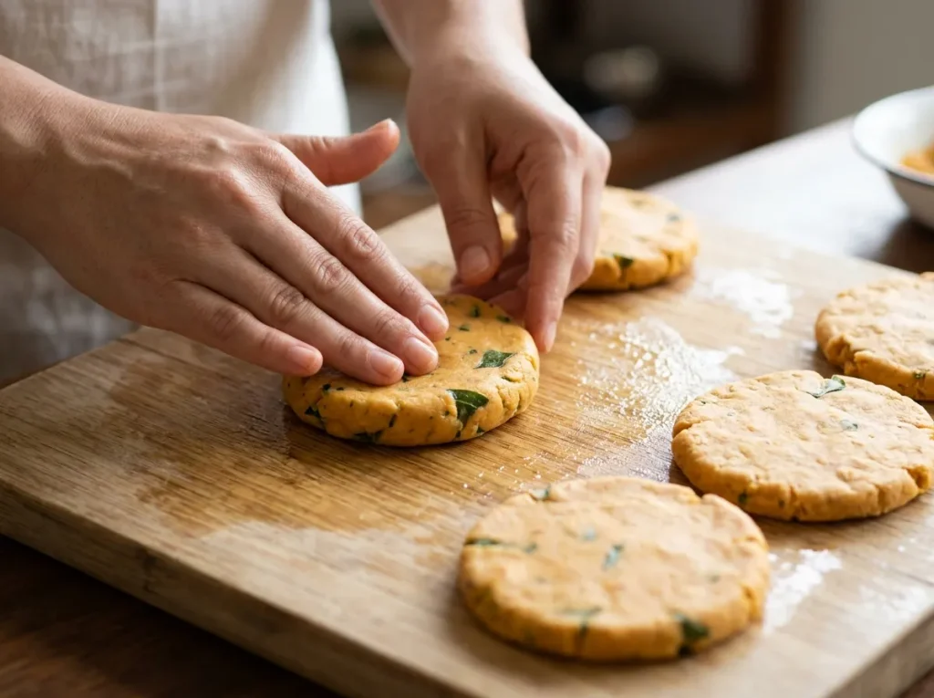 Shaping sweet potato mixture into small flatbreads