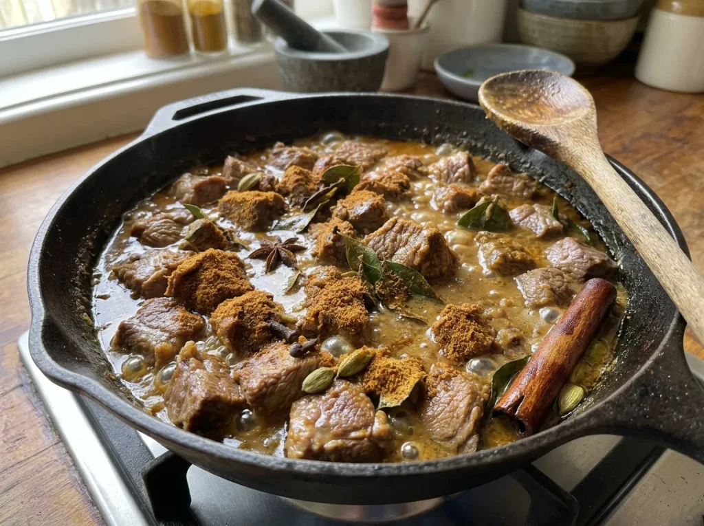Simmering Sri Lankan mutton curry over low heat