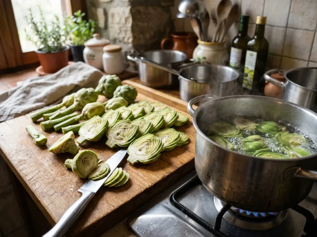 Thinly sliced artichokes being blanched in boiling water